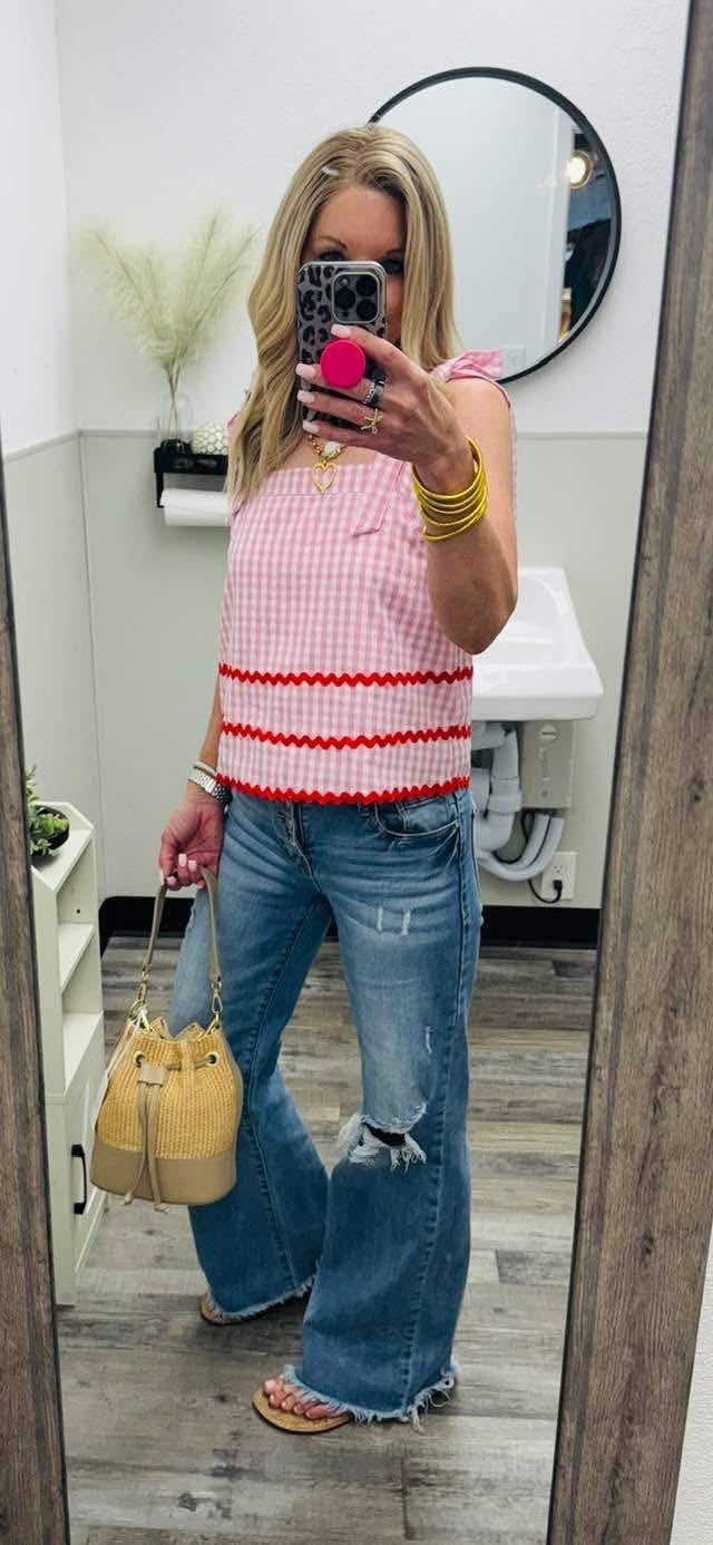 TC13 Pink Gingham Ric Rac Trim Top