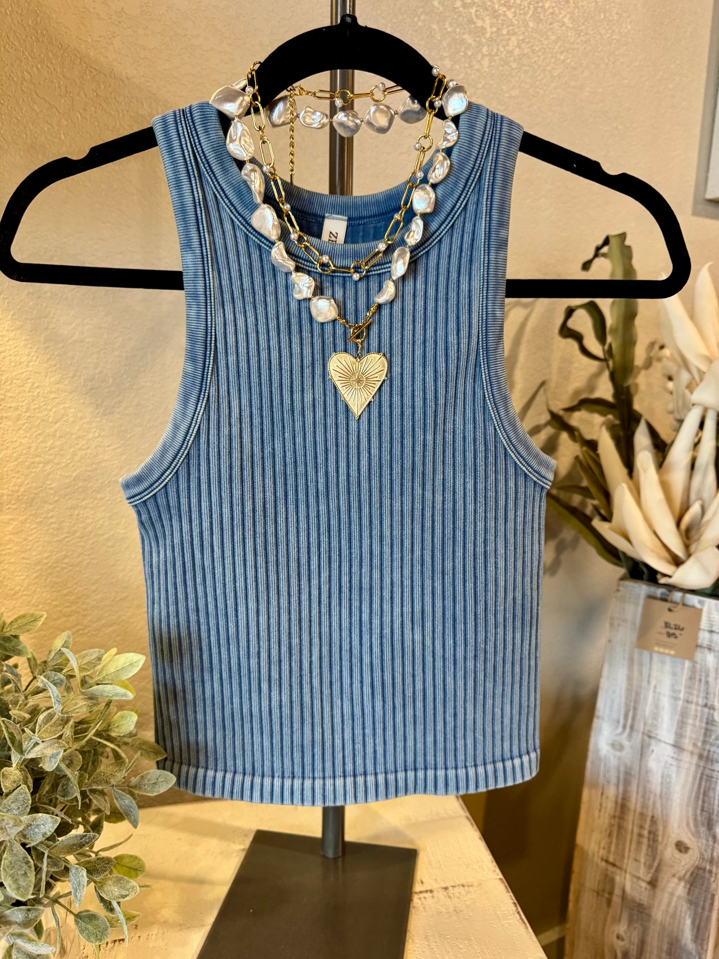 Ribbed Seemless Washed Tank Top in Dusty Blue