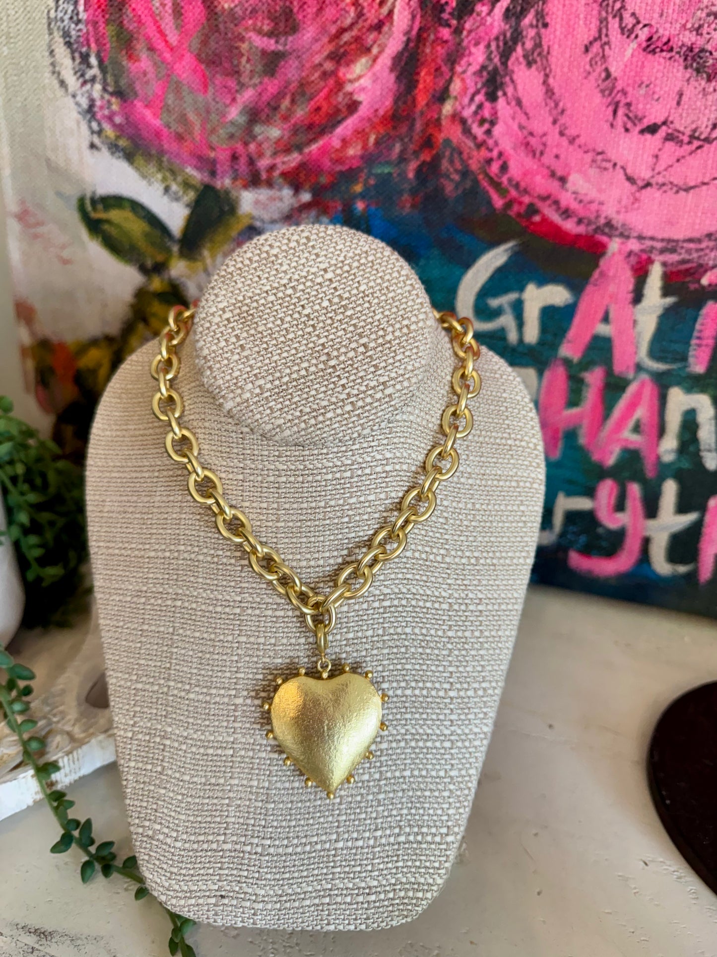 Matte Gold Inflated Heart 16” Necklace