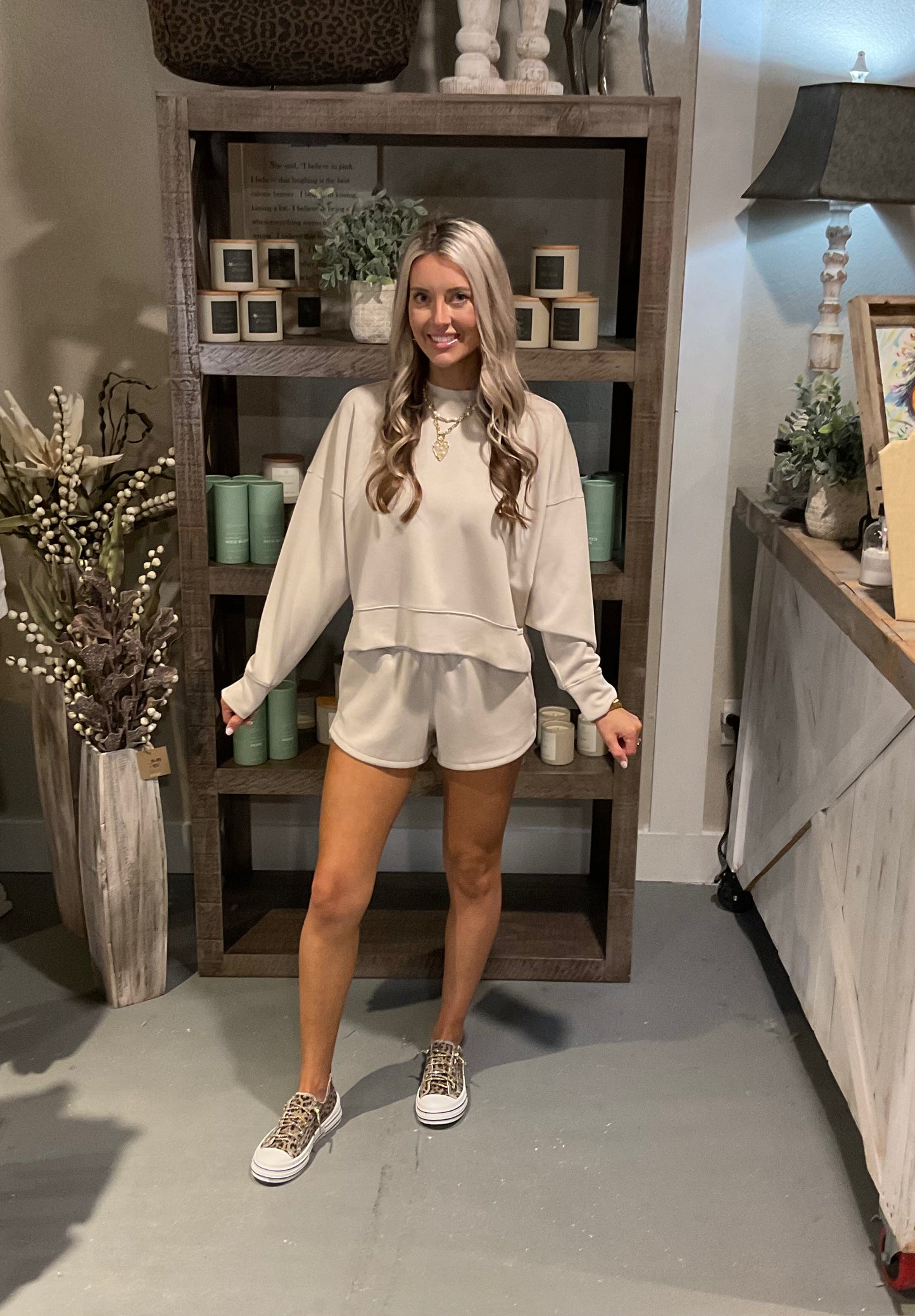 Scuba Sweatshirt & Shorts Set in Sand Beige