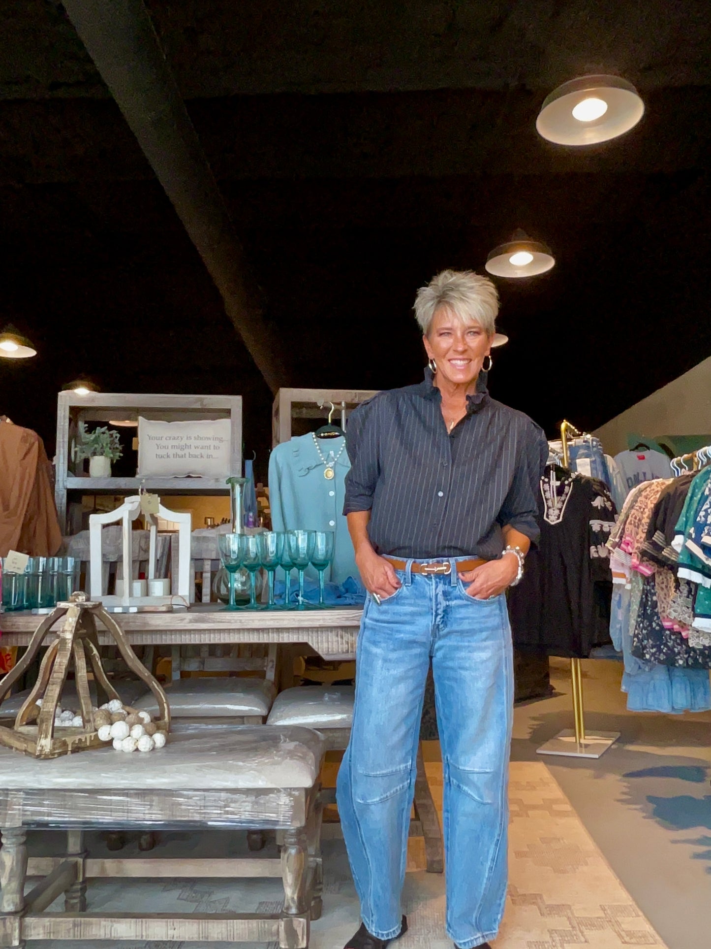 Black Pinstripe Ruffle Collar Puff Sleeve Shirt