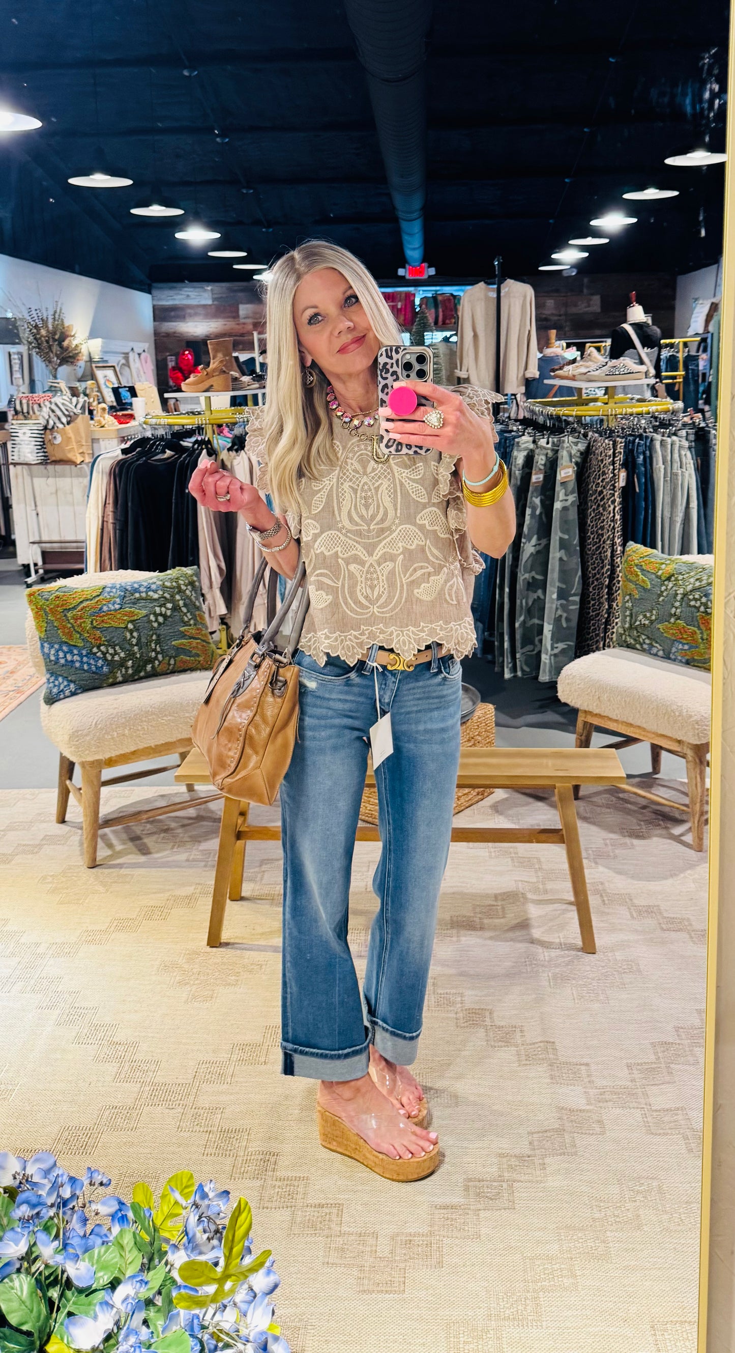 Khaki Flutter Sleeve Embroidery Detail Top