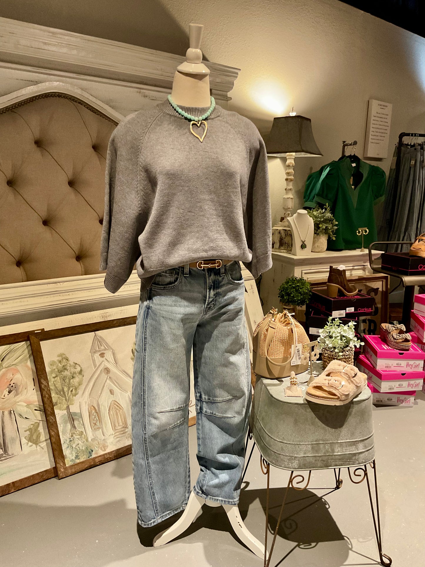 Grey Wide Reglan Short Sleeve Crew Neck Sweater