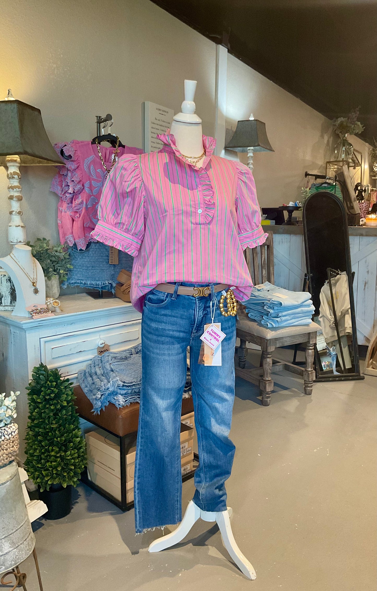 Pink/Green Striped Puff Sleeve Top