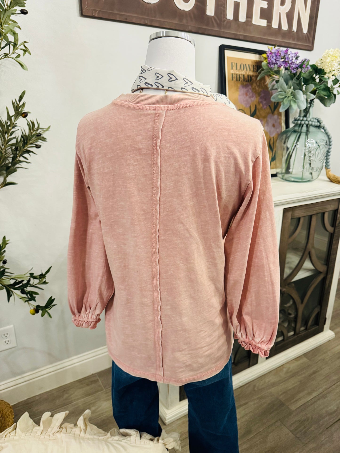 3/4 Sleeve Mineral Washed Cotton Slub Top in Vintage Rose