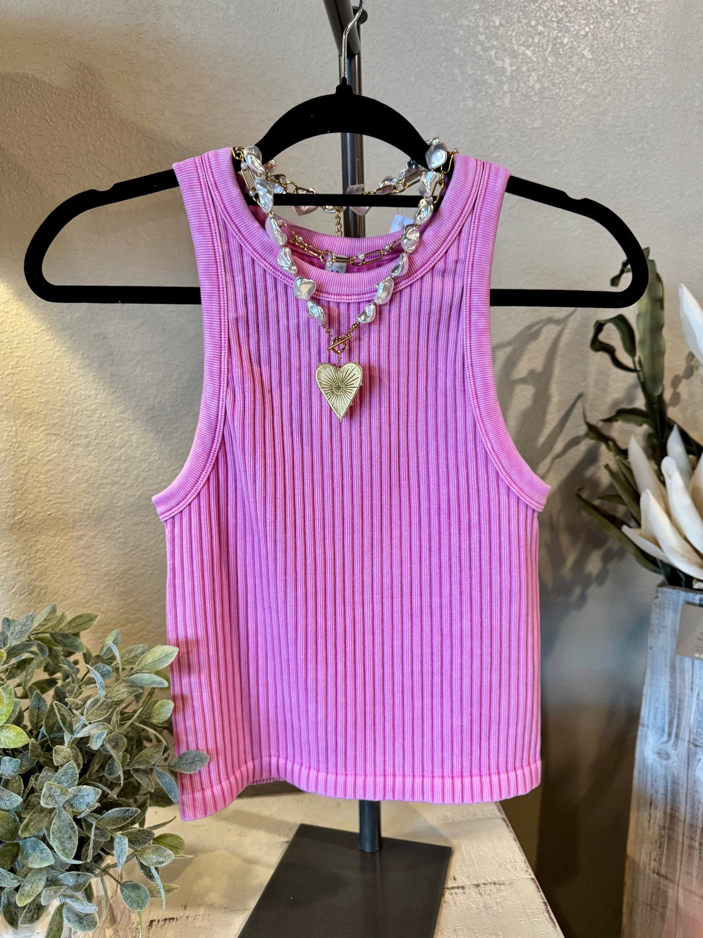 Ribbed Seamless Washed Tank Top in Candy Pink