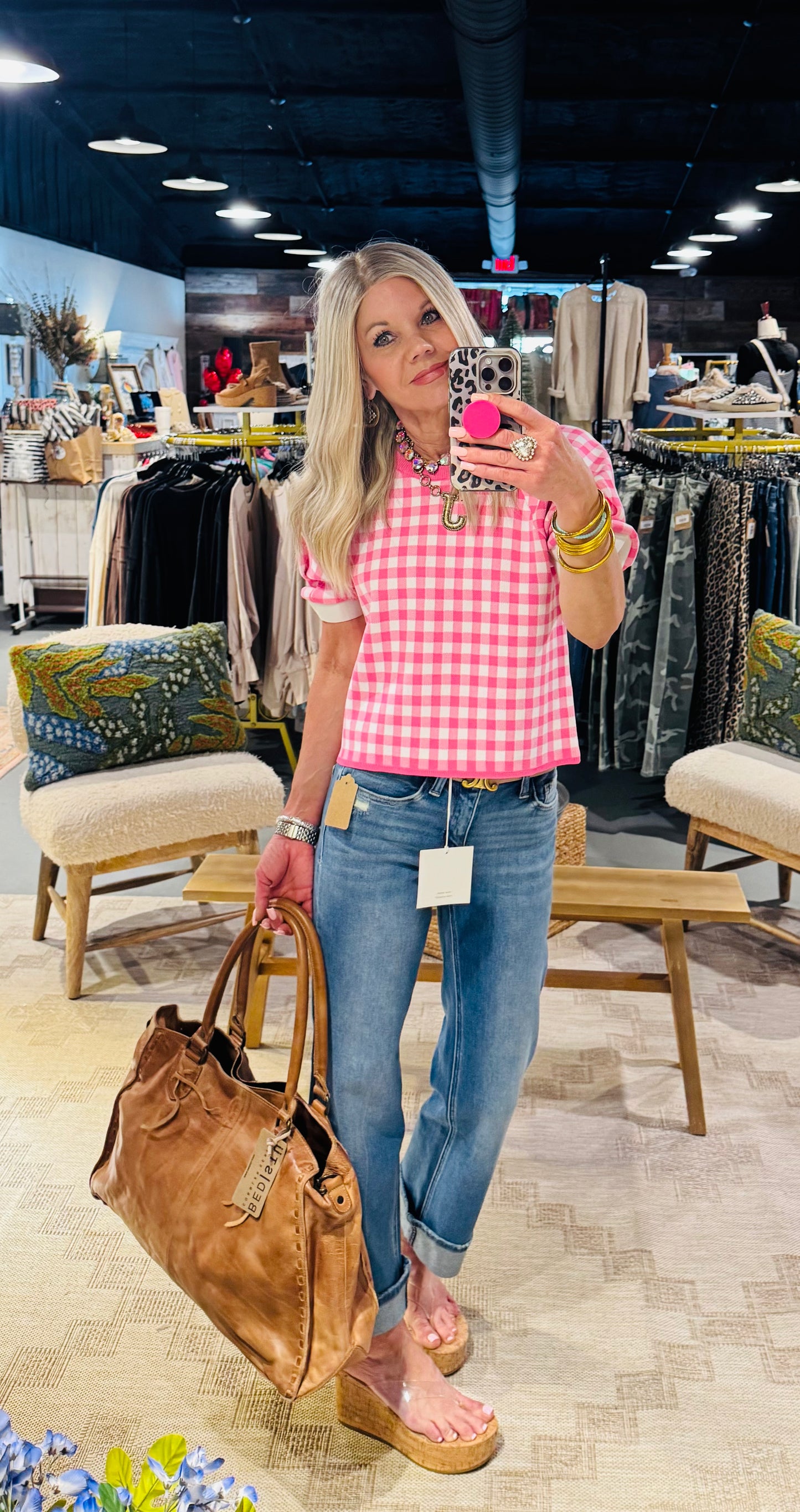 Pink Plaid Short Sleeve Sweater