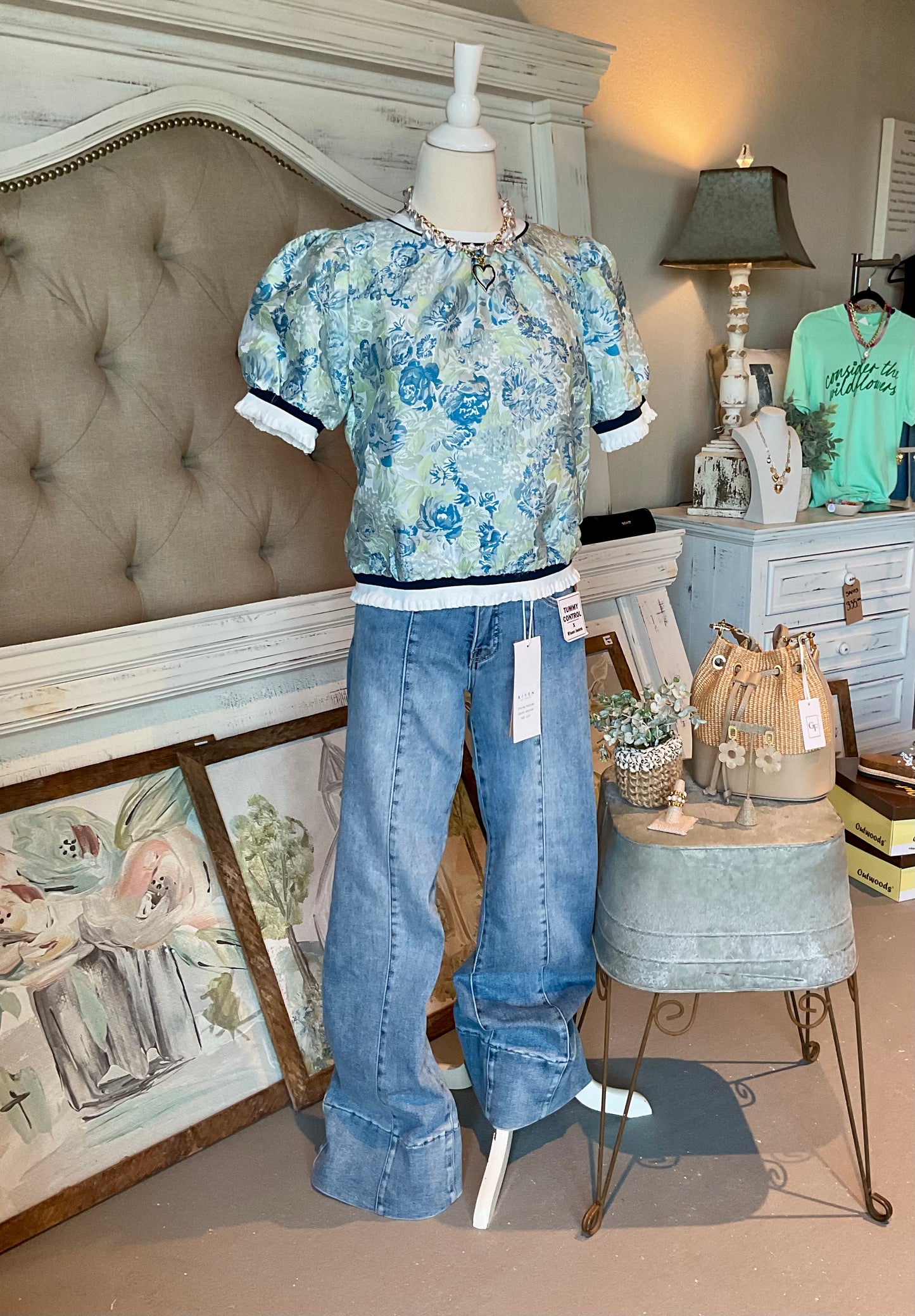 VY02 floral puff sleeve w/stripe elastic