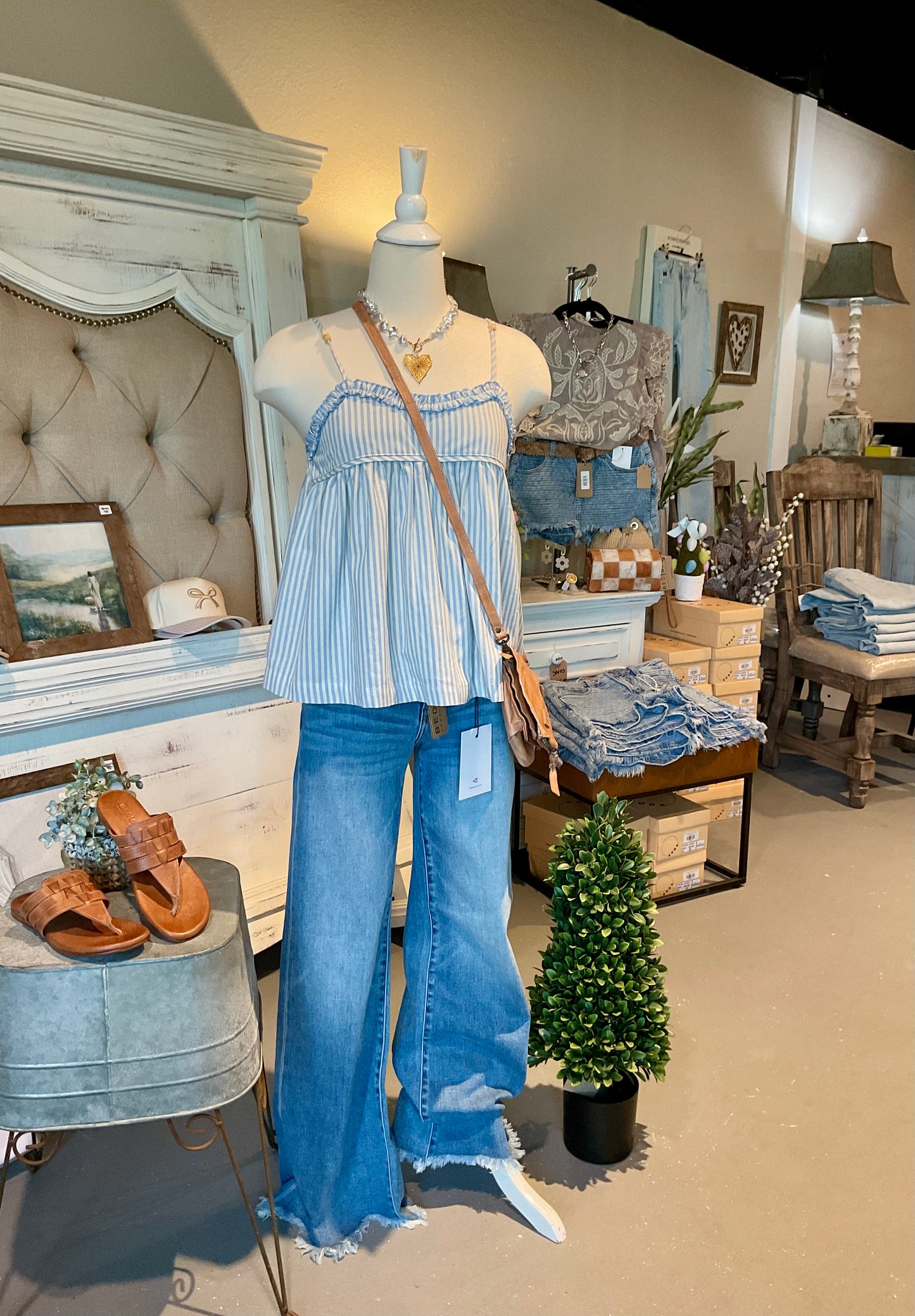 Blue Seersucker Cami Top with Adjustable Straps