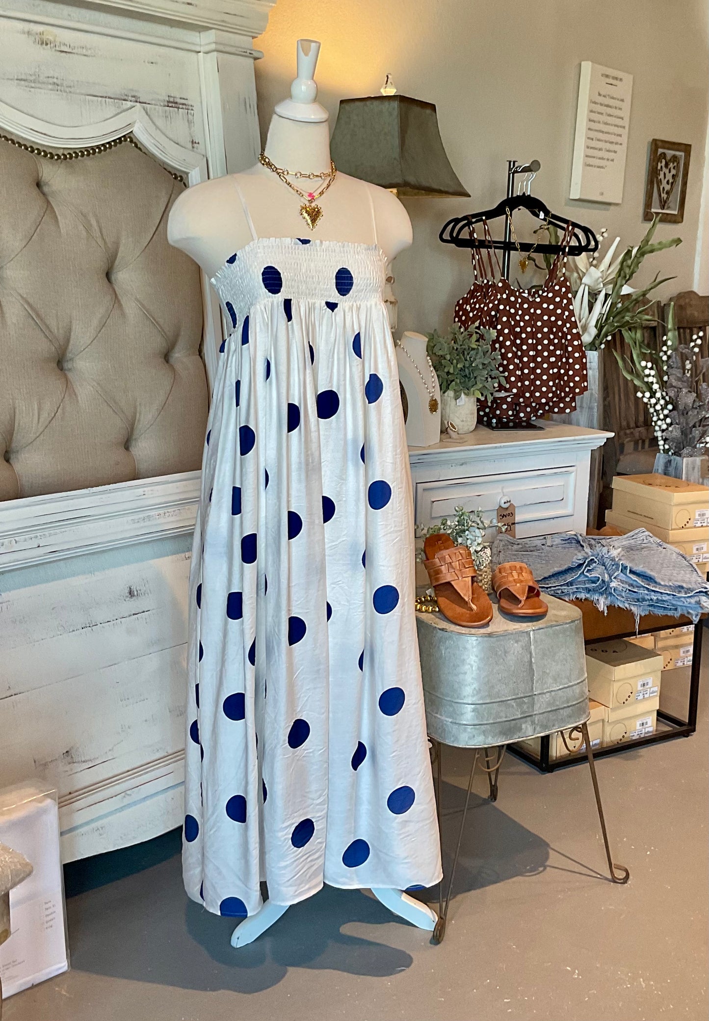 Navy Polka Dot Smocked Maxi Dress w/ Adjustable Straps