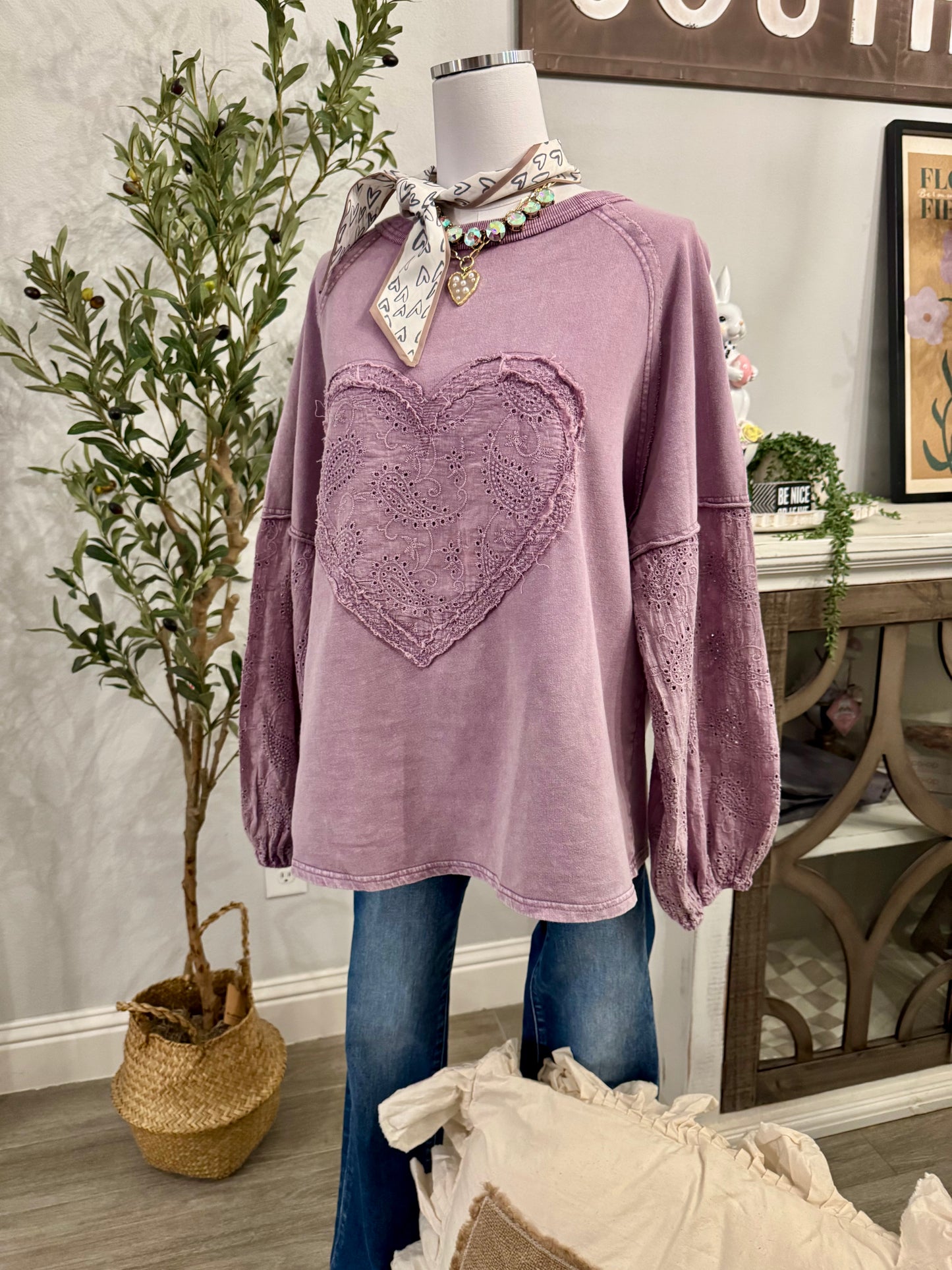 Dusty Lilac Eyelet Lace Appliqué Detailed Mineral Washed Top