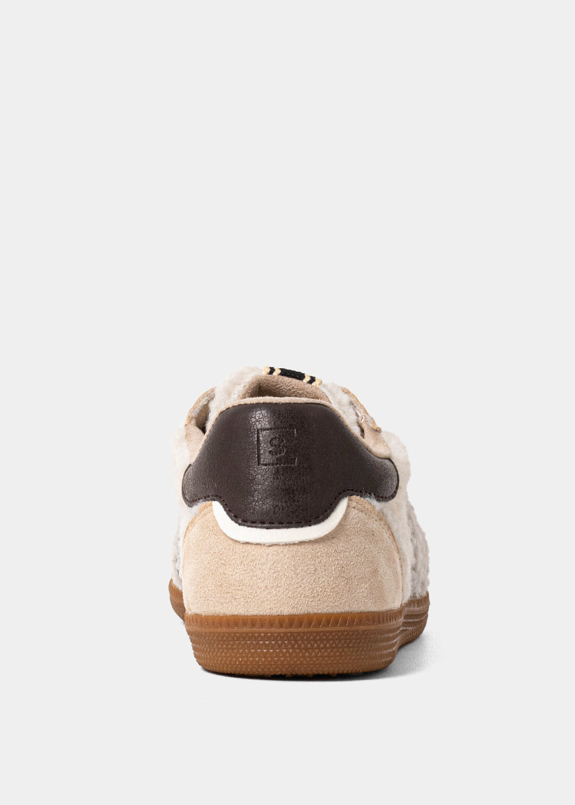 Stevie Sneaker in Beige Shearling with Chocolate Trim
