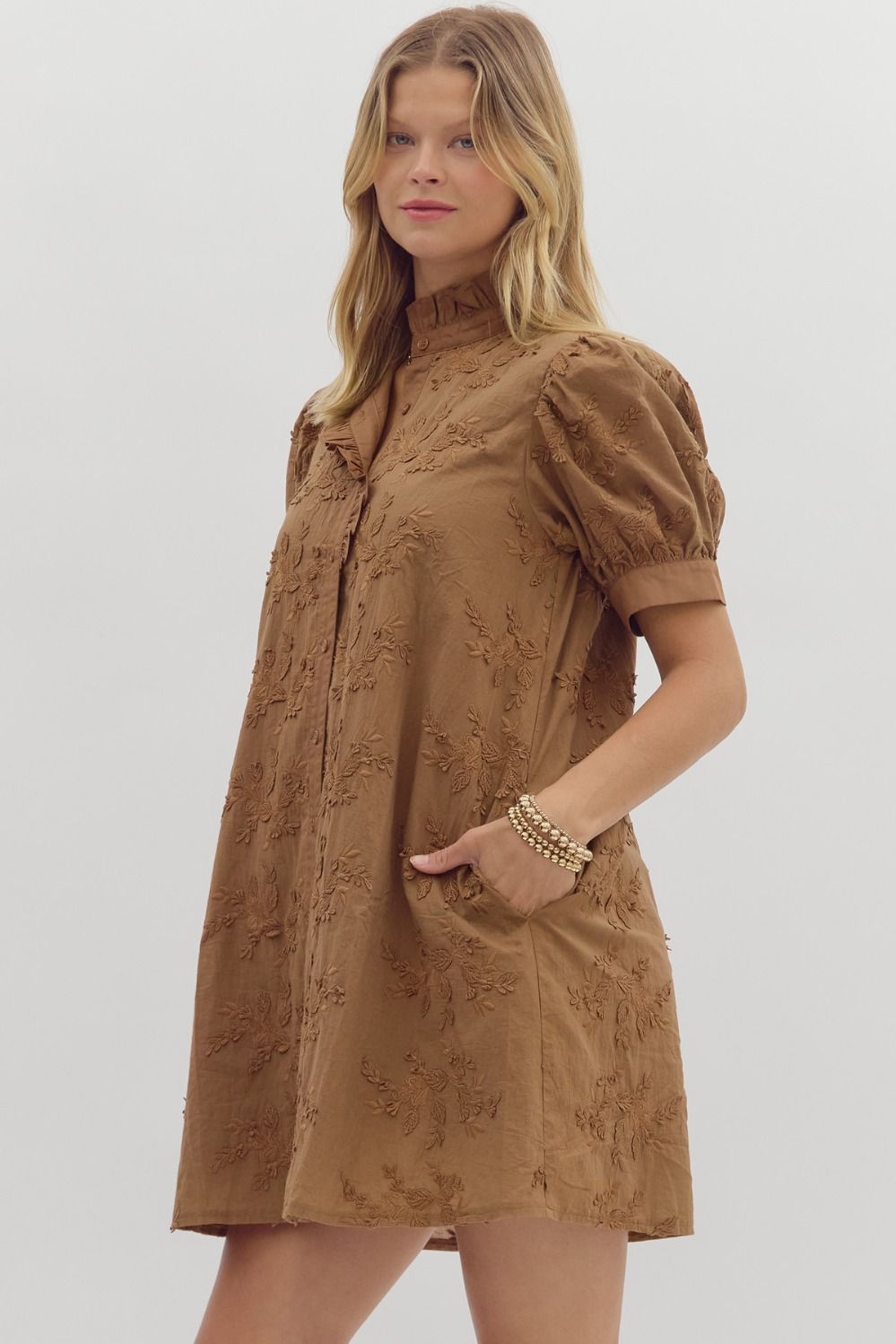 EN35 Mocha 3D Floral Appliqué Mini Dress