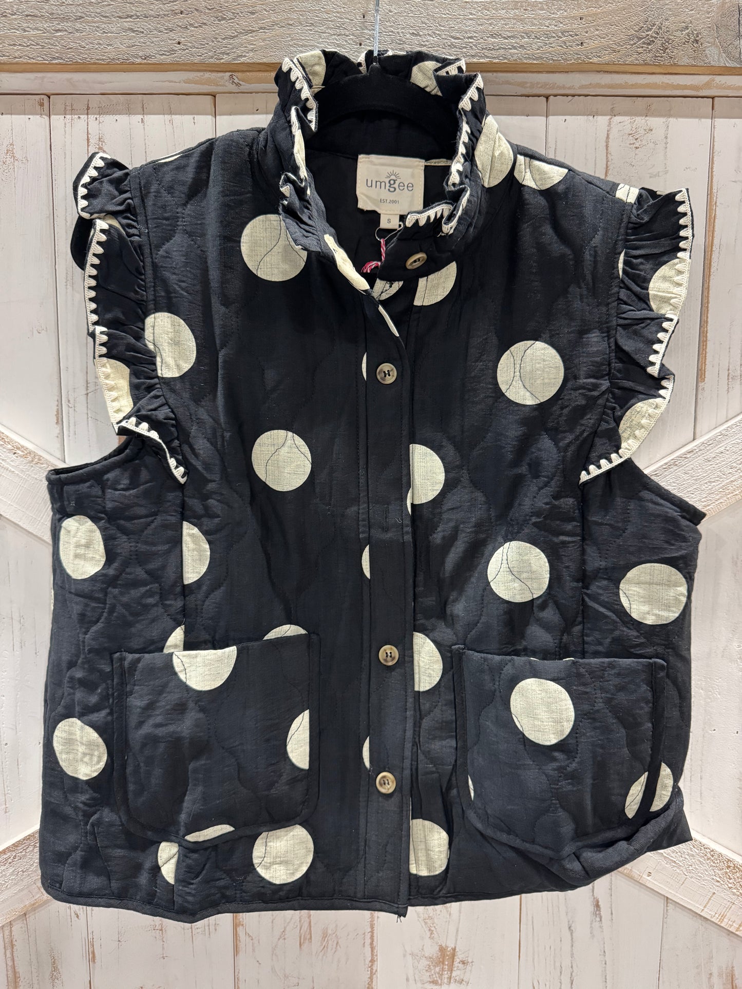 Black Polka Dot Ruffle Trim Vest