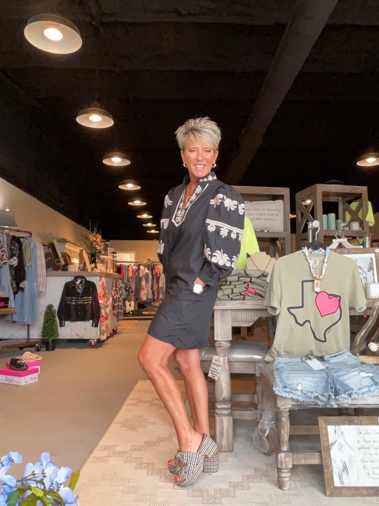 Black EmbroideredV-Neck Dress with Long Embroidered Puff Sleeve