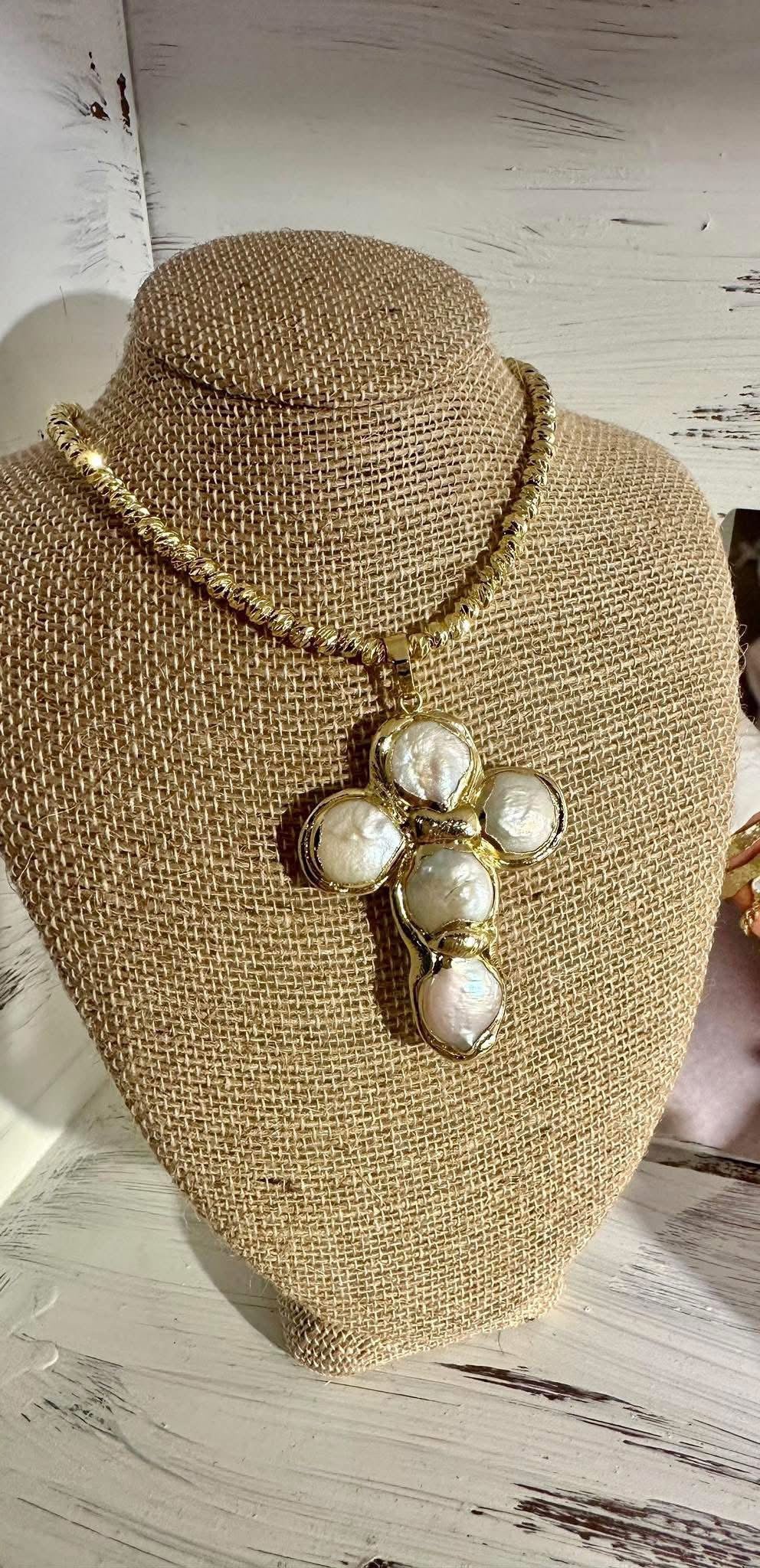 EE04 Pearl Cross Pendant on 16” Beam Chain