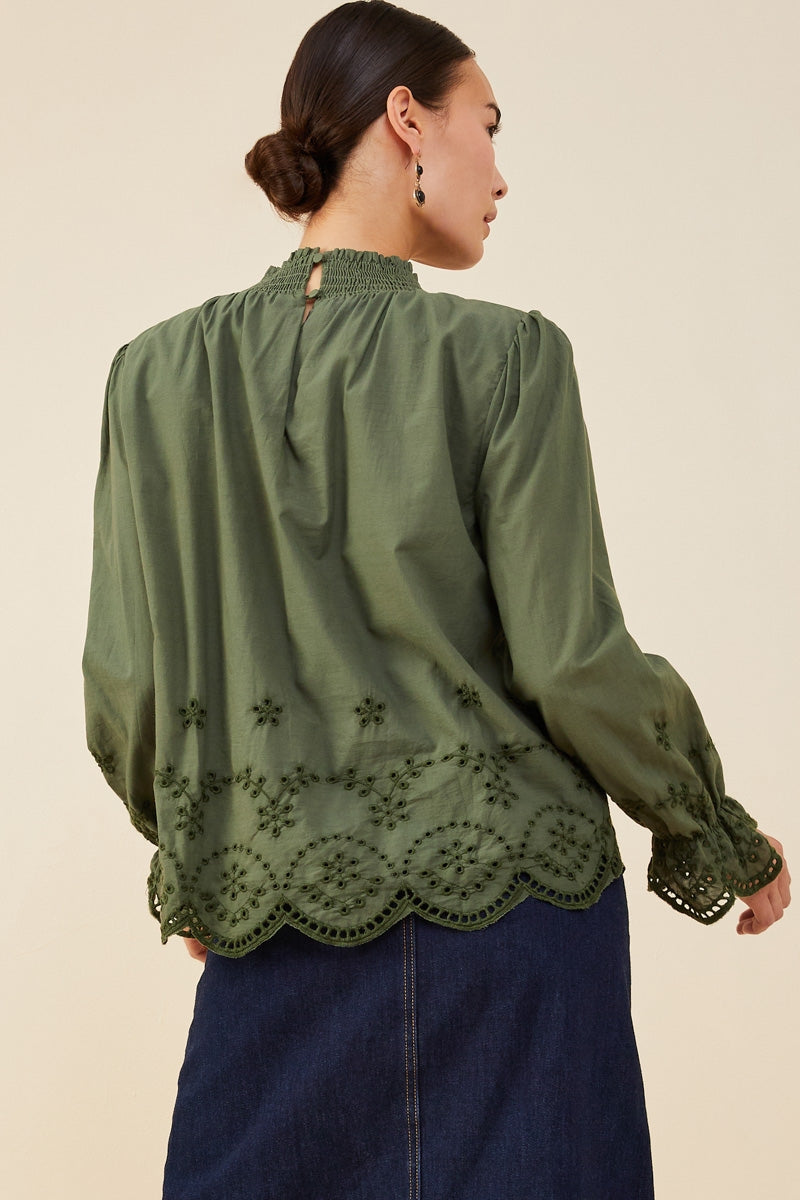 Olive Scallop Hem Eyelet Embroidered Top