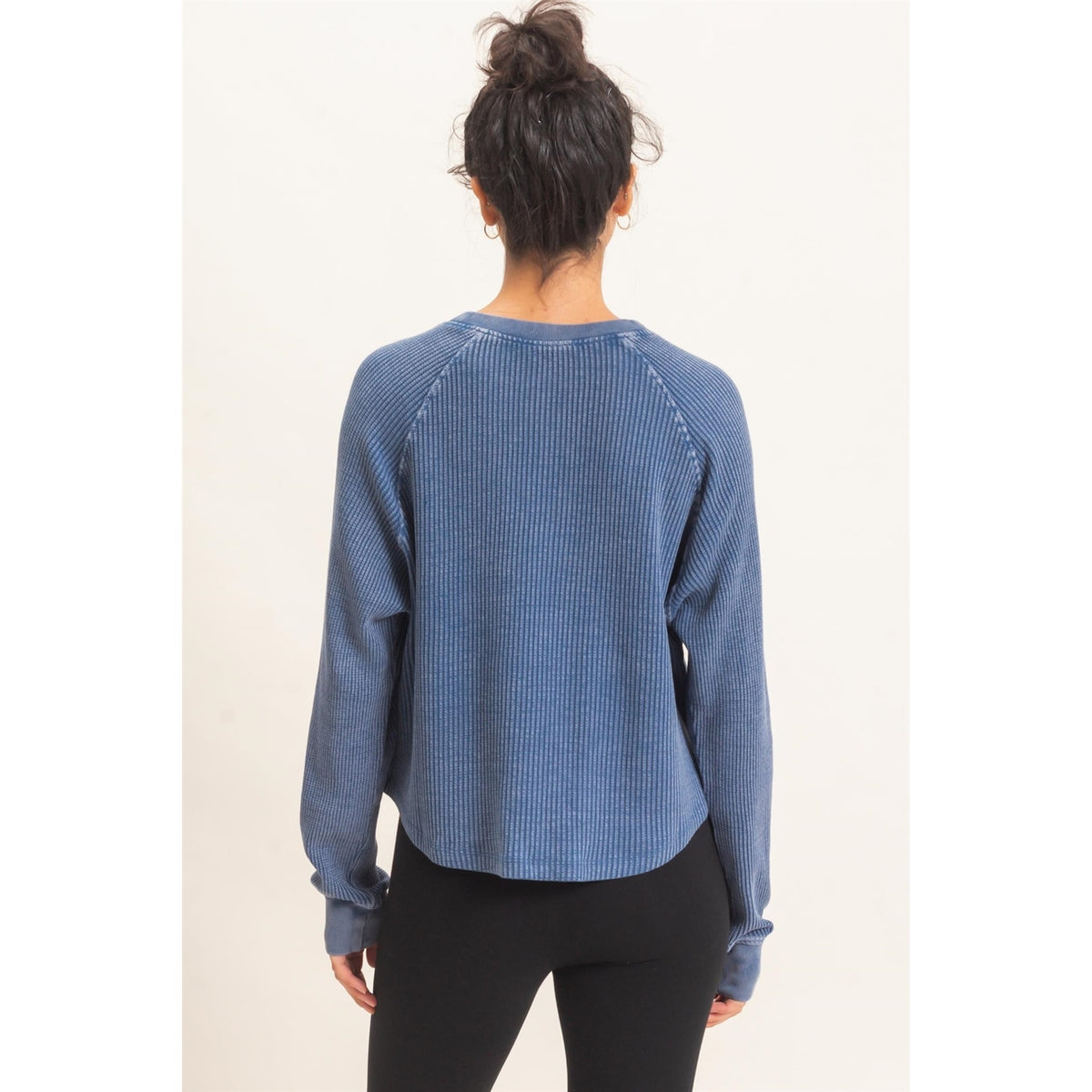 Navy Mineral Wash Waffle Knit Henley Top