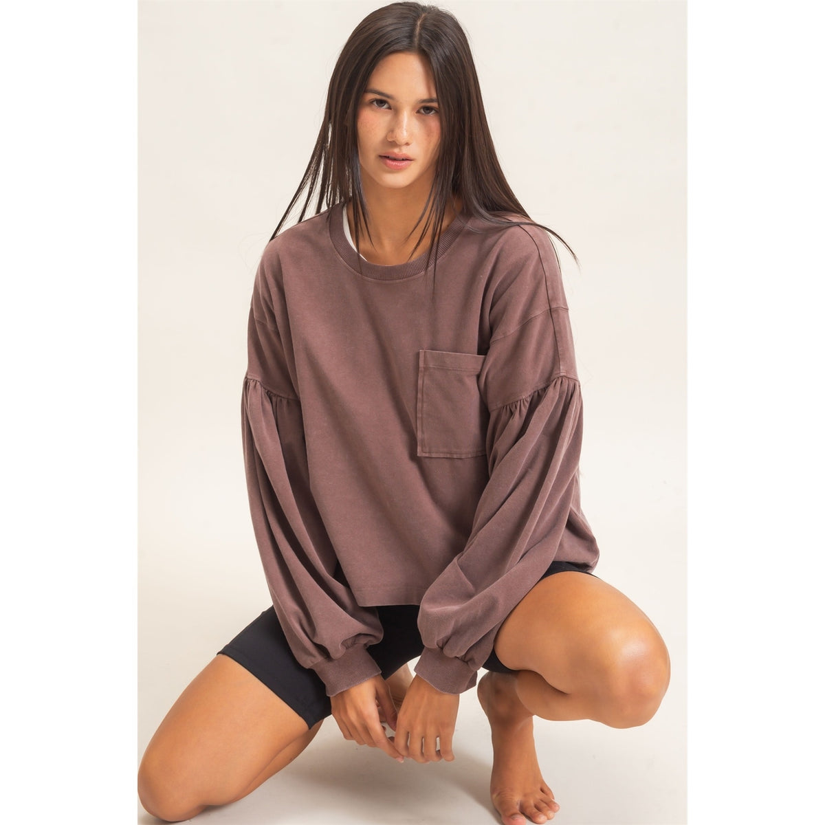 Brown Mineral Wash Puff Long Sleeve Boxy Top