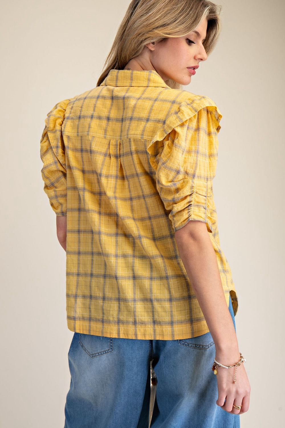 Yellow Short Sleeve Ruffle Detail Button Up Shirt