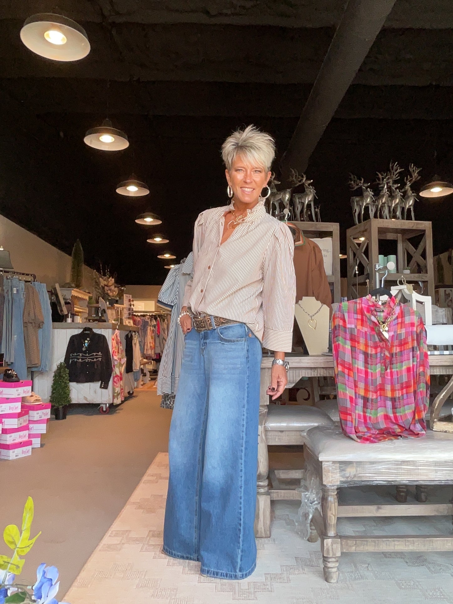 Mocha Striped Top with Three Quarter Sleeve