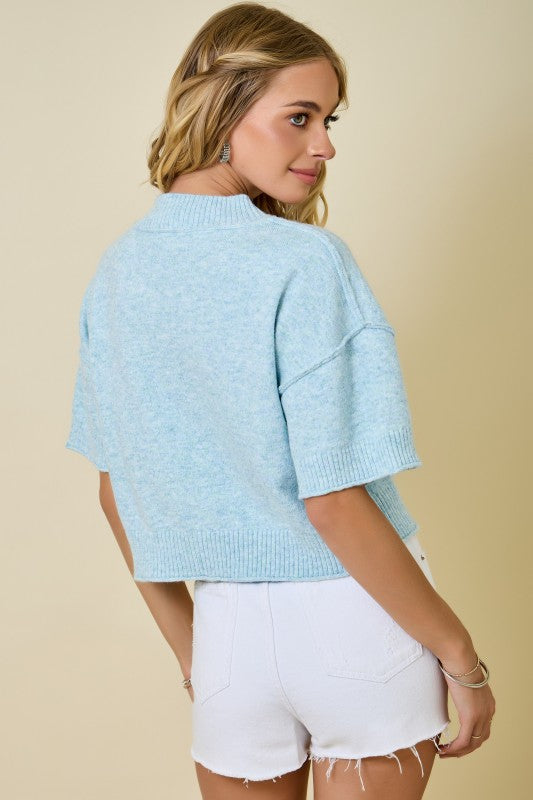 Blue Mock Neck Dropped Shoulder Sweater
