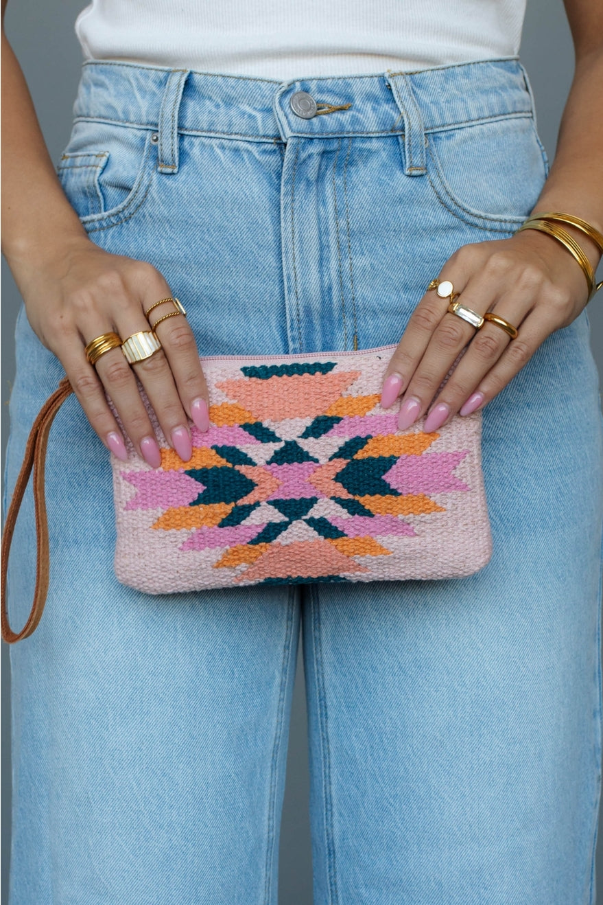 Pink, Teal & Orange Aztec Wristlet