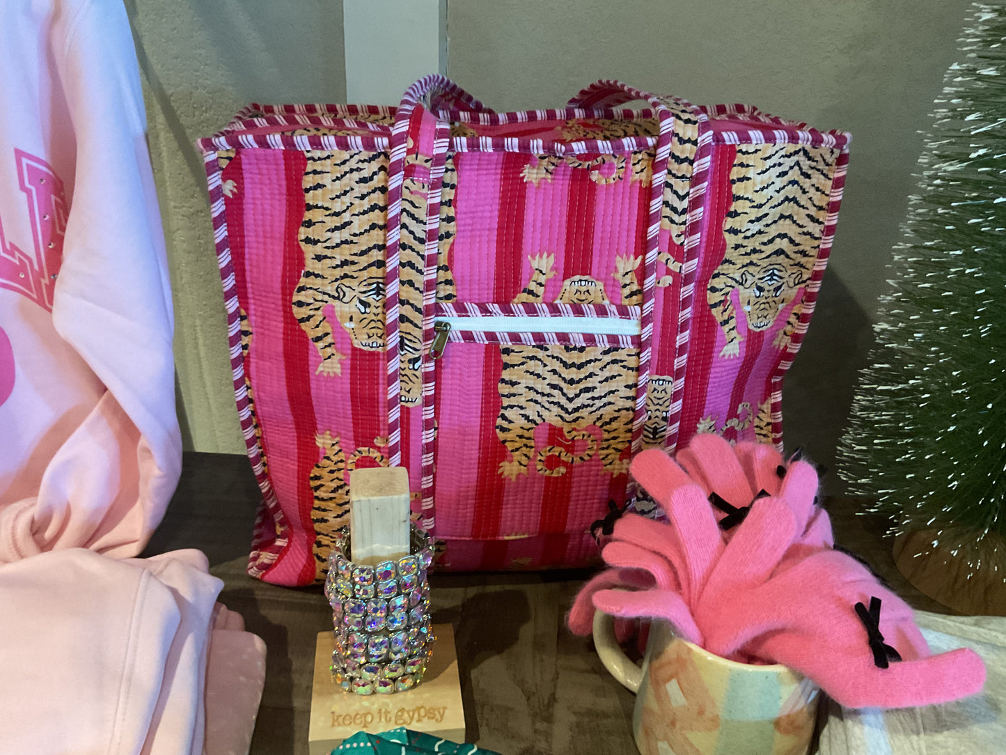“The Roots” Pink and Red Striped Tiger Tote/Bag