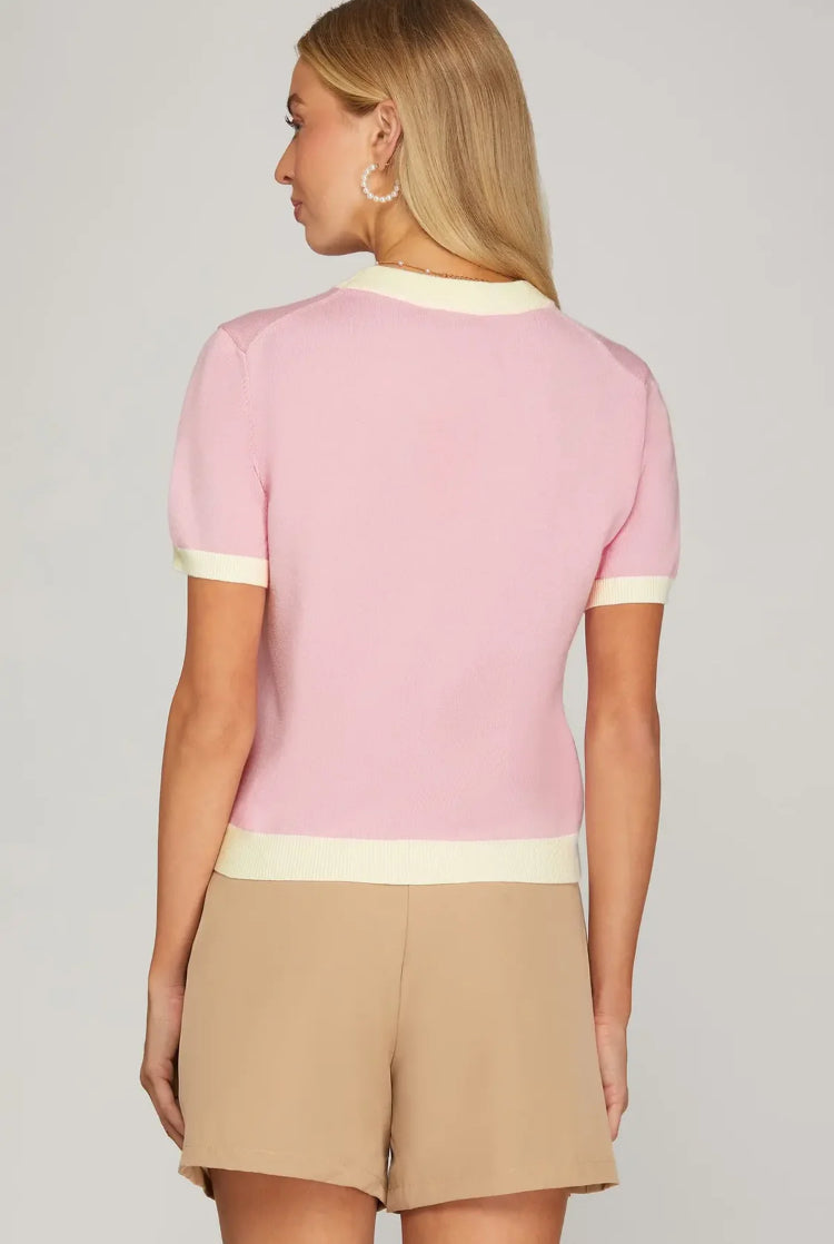 Pink with Beige Trim Short Sleeve Color Block
Sweater Top