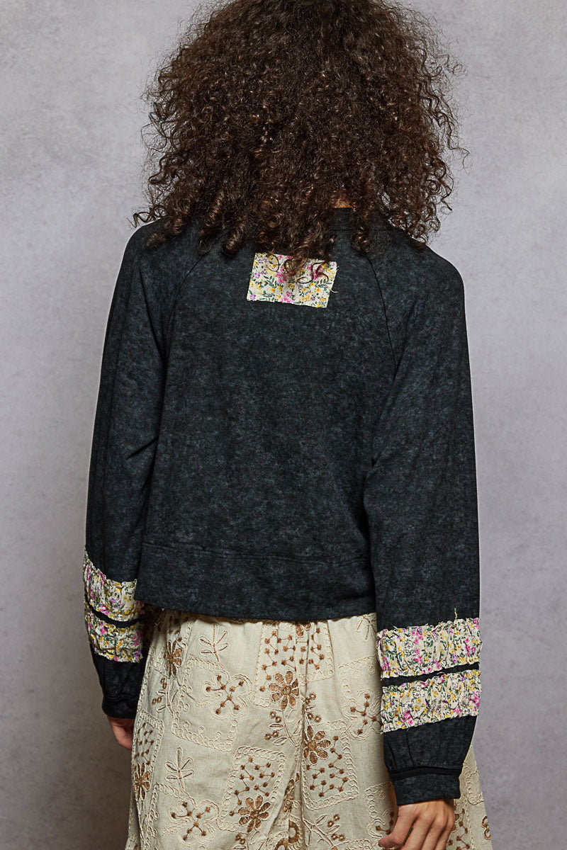 Black Round Neck Balloon Sleeve Print Patch Top