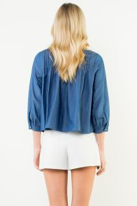 Long Sleeve Pintuck Flowy Denim Top
