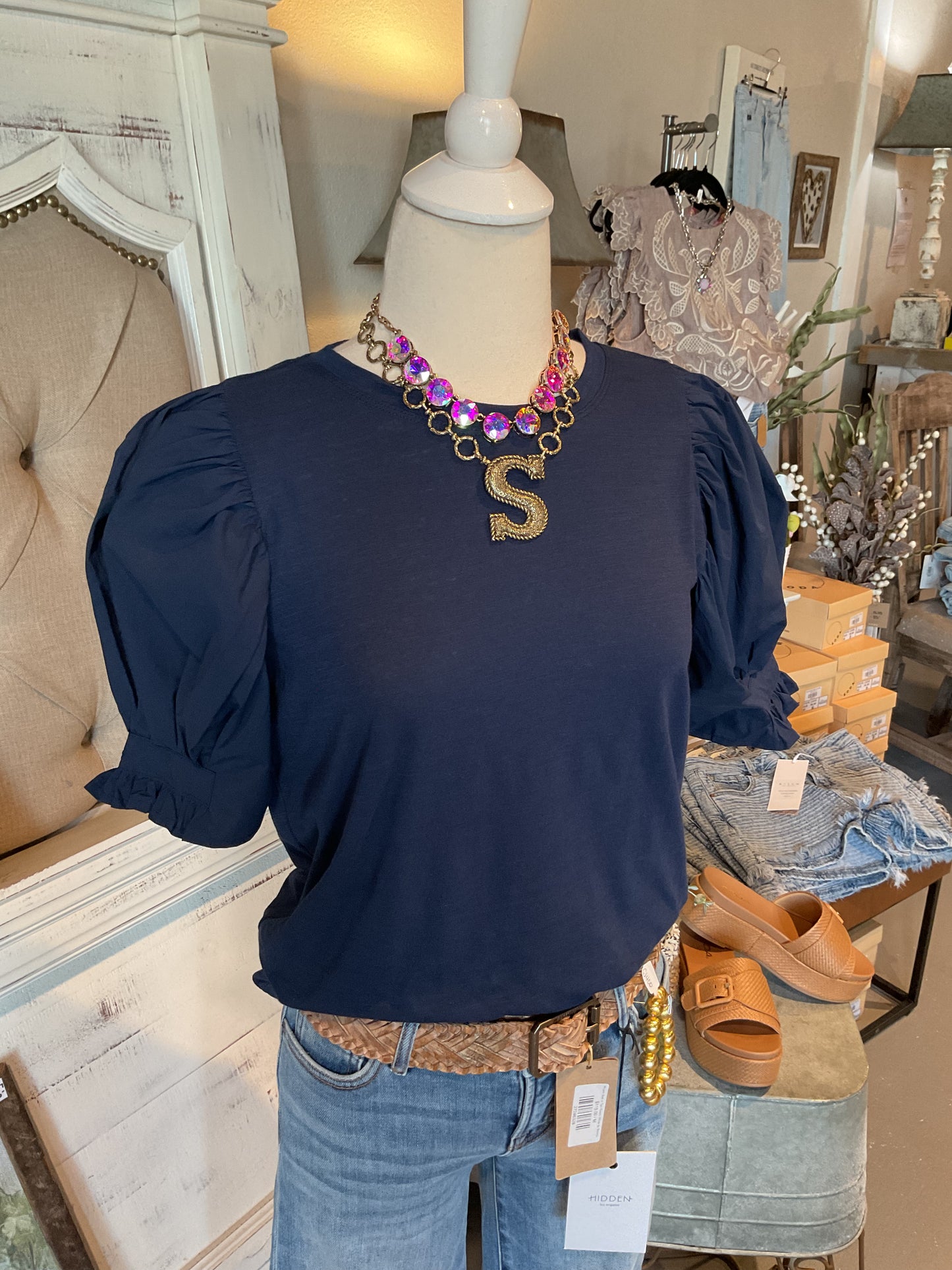 Dear John Mixed Media Puff Sleeve Top in Navy