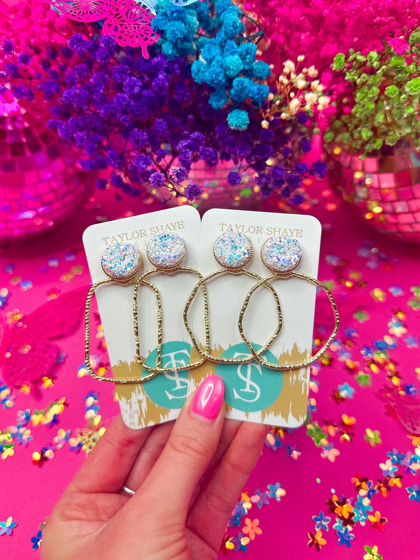 Round Glitter Top Hoops in White