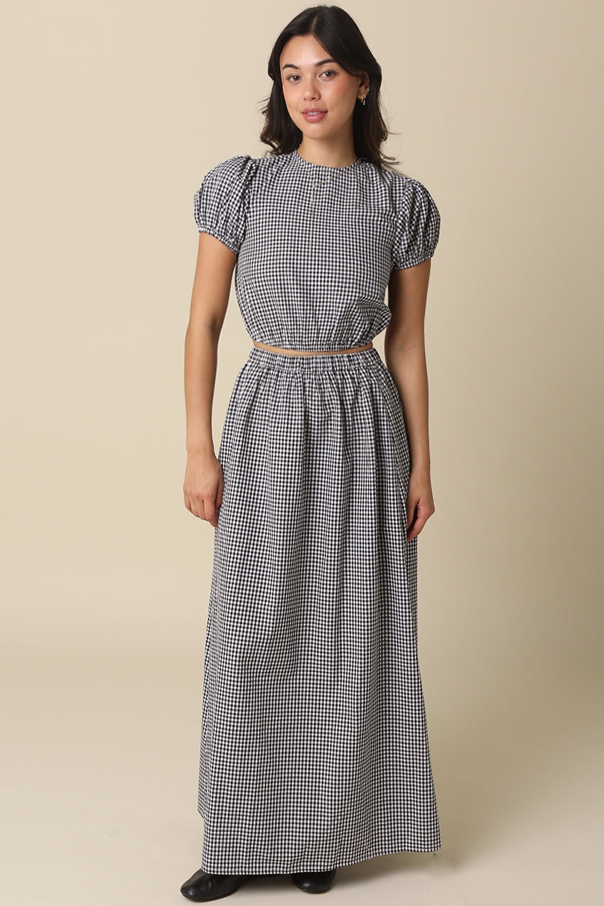 Cropped Gingham Puff Sleeve Top & Maxi Skirt Set