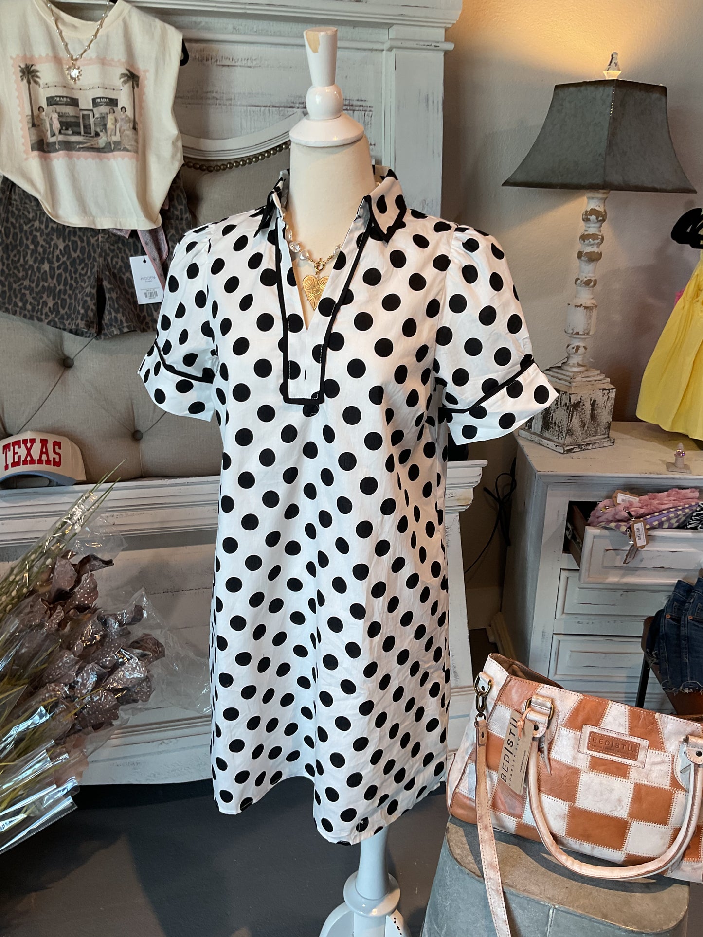 White with Black Polka Dots Dress Fully Lined with Pockets