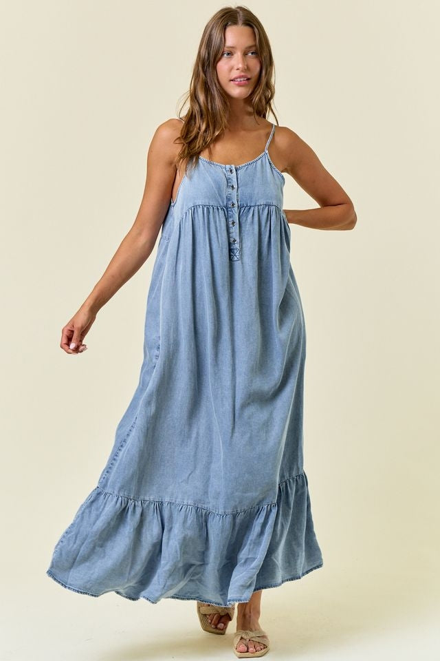 Tencel Chambray Tiered Ruffled Skirt Midi Dress