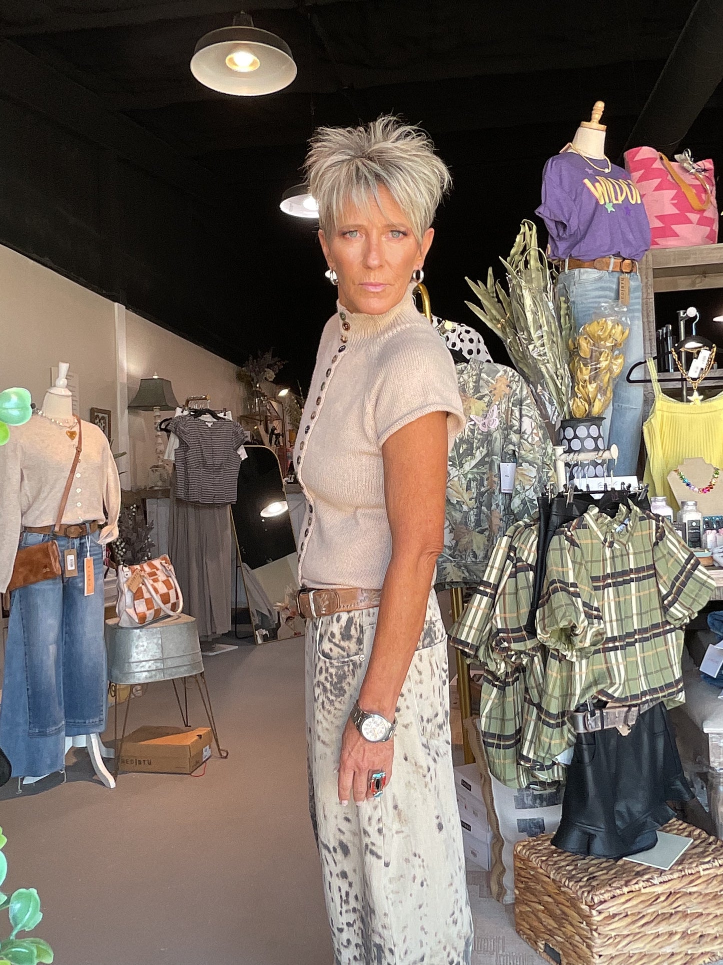 Jenna Button Up Knit Khaki Mock Neck Shortsleeved Top