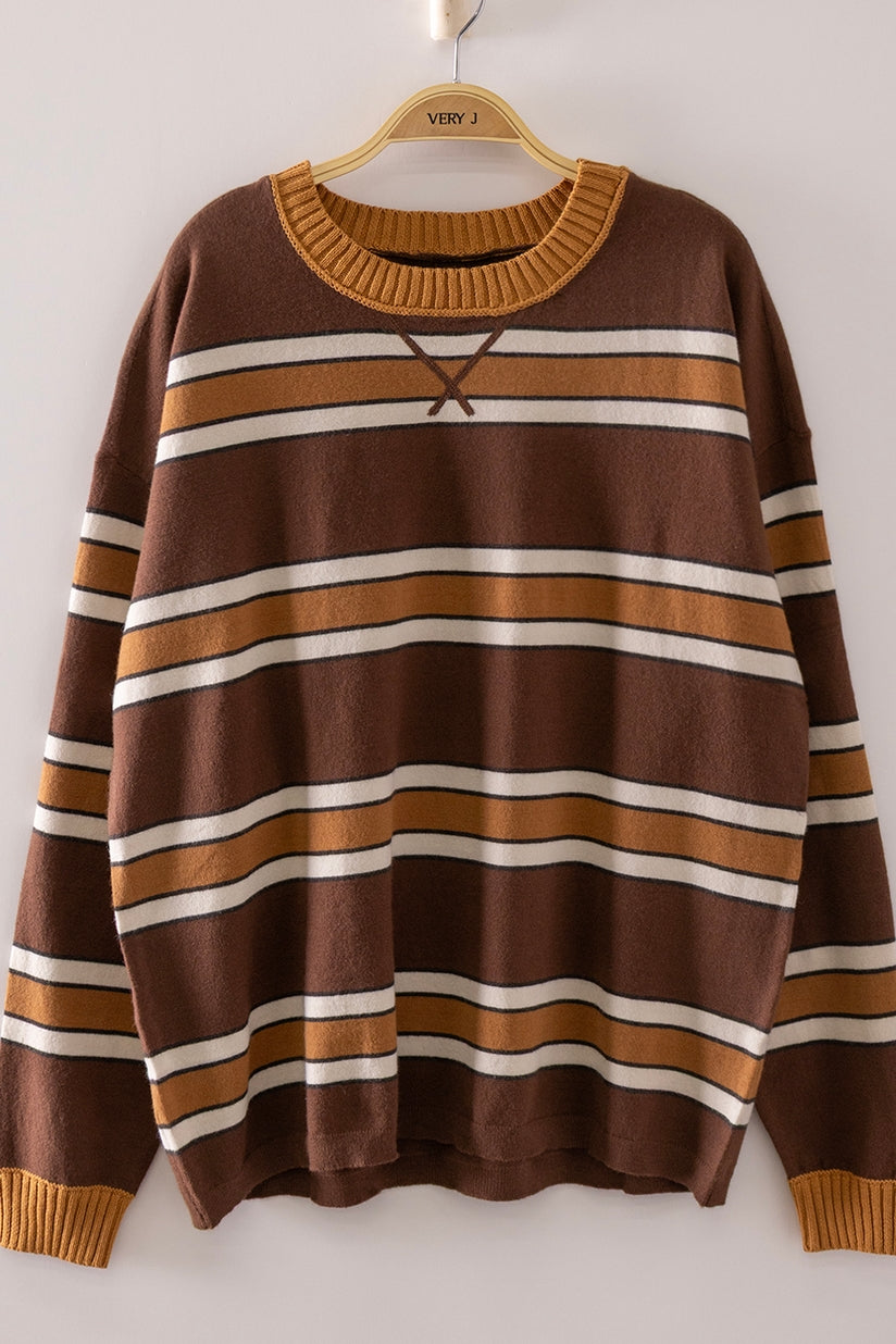 Chocolate Contrast Stripe Ribbed Crew Neck Sweater