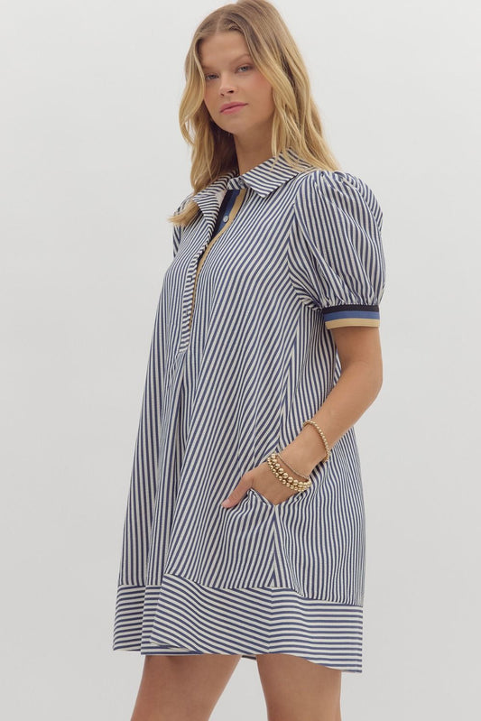 Navy Striped Dress with Puffed Sleeve and Striped Elastic Arm