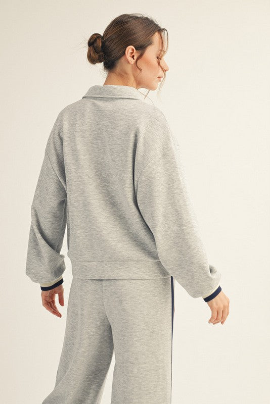 Grey Sweat Suit With Striped Trim Set