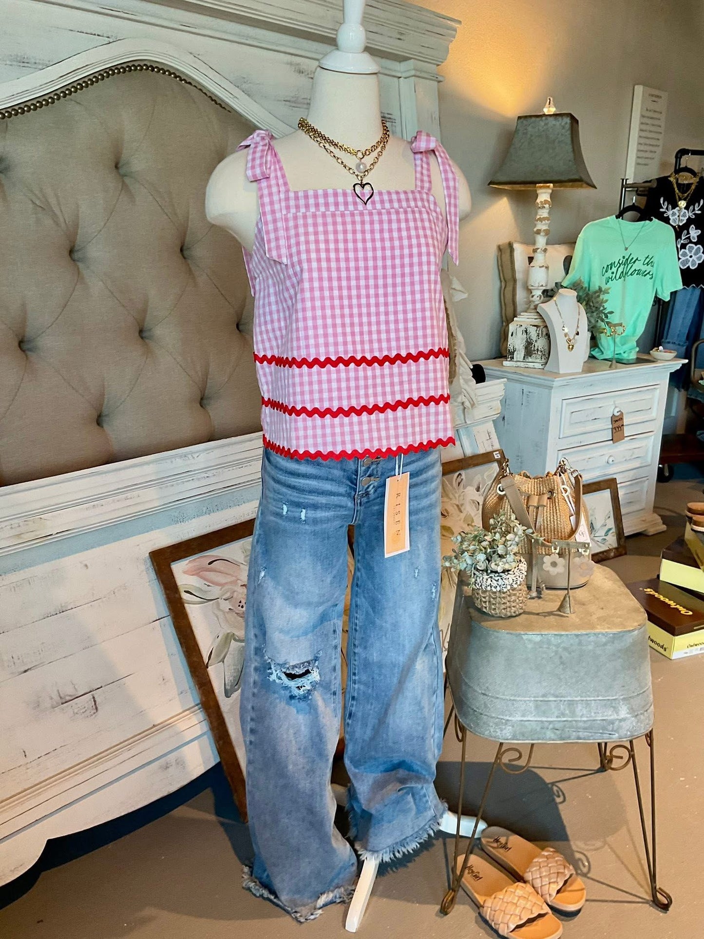 TC13 Pink Gingham Ric Rac Trim Top