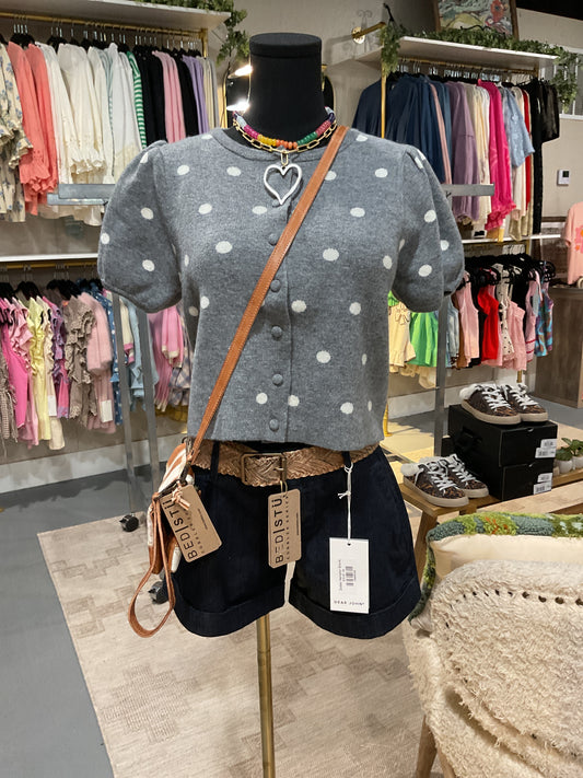 Gray Polka Dotted Short Sleeve Button Up Sweater