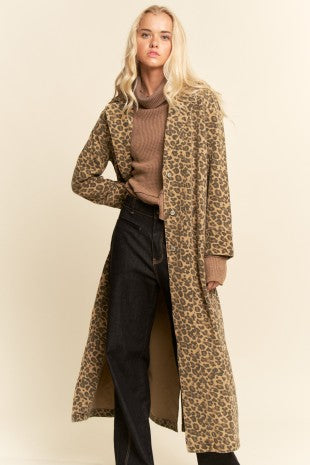 Leopard Denim Front Button Closure Knotched Lapel Color Duster Jacket Taupe Leopard