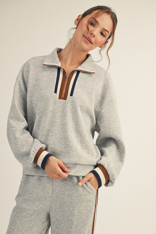 Grey Sweat Suit With Striped Trim Set