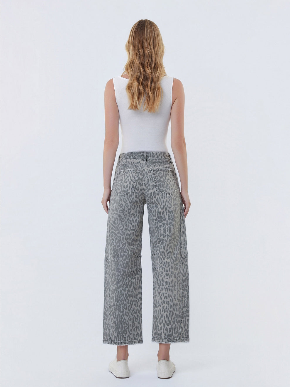 High Rise Drawstring Grey Leopard Barrel Jeans