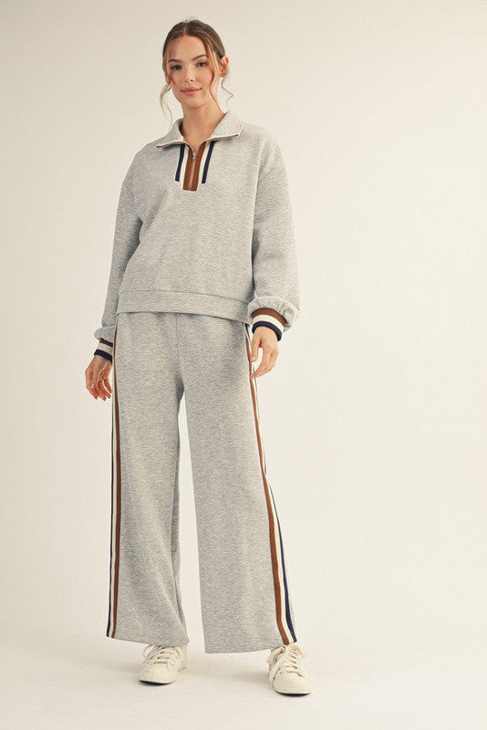 Grey Sweat Suit With Striped Trim Set