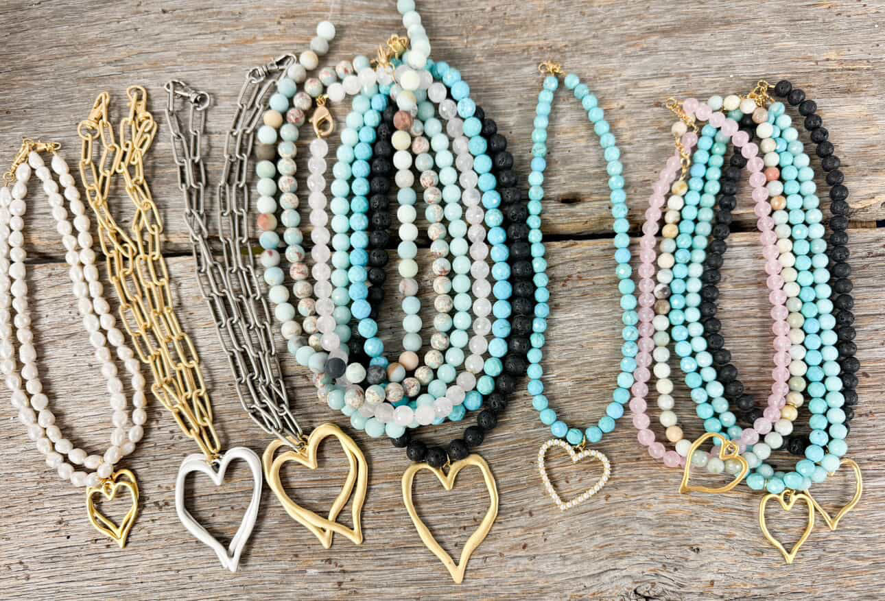 Aqua Jade Gemstone Necklace with XL Gold Heart