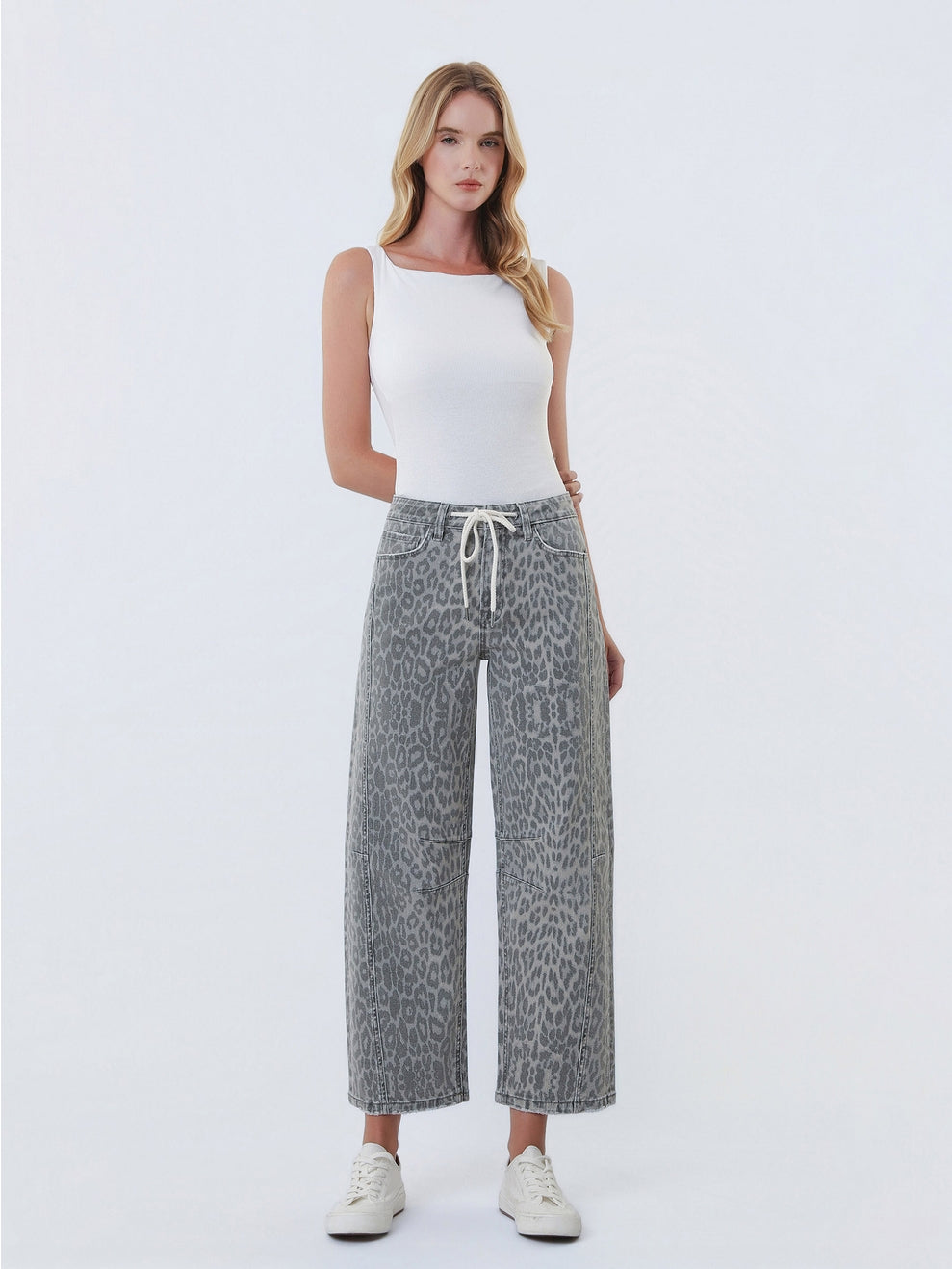 High Rise Drawstring Grey Leopard Barrel Jeans