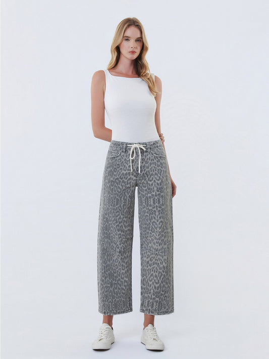 High Rise Drawstring Grey Leopard Barrel Jeans