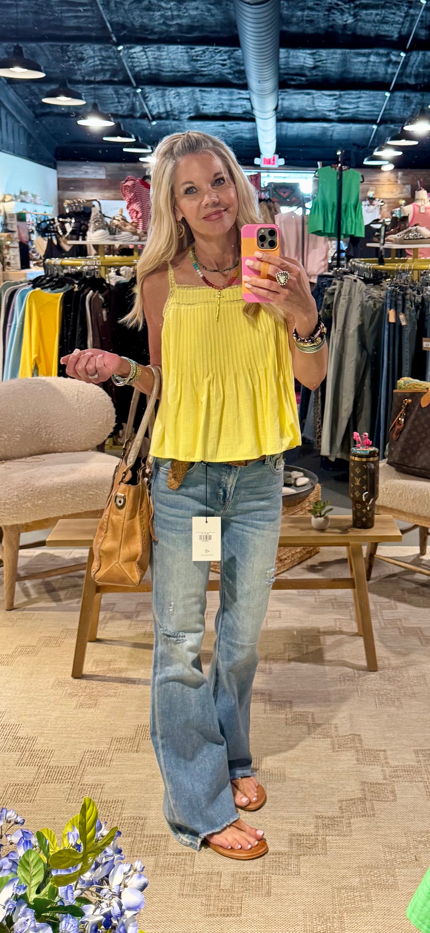 Yellow Sleeveless Pintuck Cami Top w/ Lace Detail